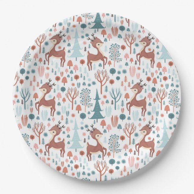 Cute Deer in Whimsical Forest Pattern Paper Plate (Front)