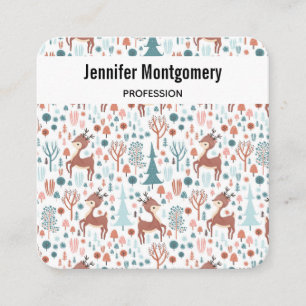 Cute Deer in Whimsical Forest Pattern Square Business Card