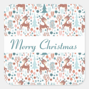 Cute Deer in Whimsical Forest Pattern Square Sticker