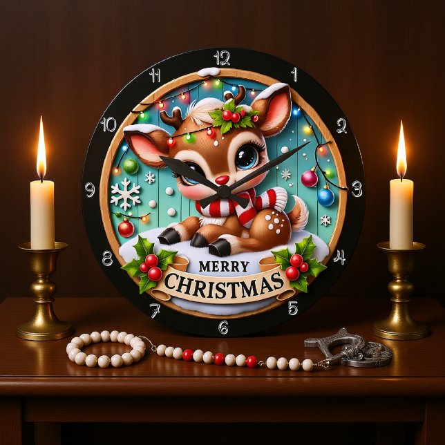 Cute Deer Merry Christmas Graphic Large Clock (Creator Uploaded)