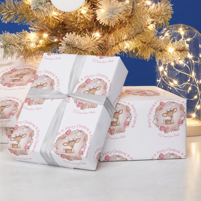 Cute Deer Name Pink Christmas Wrapping Paper  (Holidays)