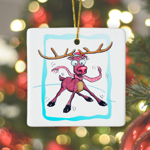 Cute Deer on ice Funny Christmas holidays Cartoon Ceramic Ornament