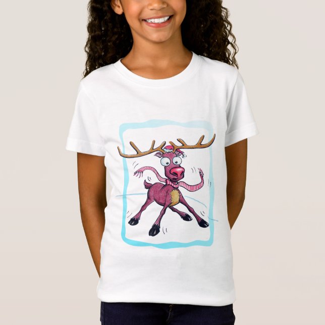 Cute Deer on ice Funny Christmas holidays Cartoon T-Shirt (Front)