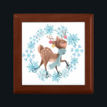 Cute Deer on Skates Snowflake Wreath Gift Box<br><div class="desc">On this winter theme gift or jewellery box,  an adorable little deer wears a blue winter scarf,  with yellow and pink bulbs hanging from his antlers. He also wears skates! The image is enclosed with an ice blue snowflake wreath. Cute!</div>