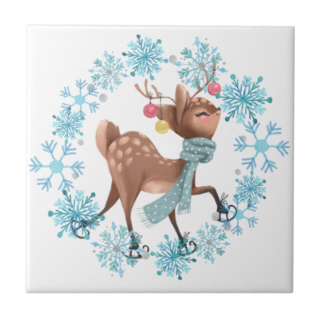 Cute Deer on Skates Snowflake Wreath Tile (Front)