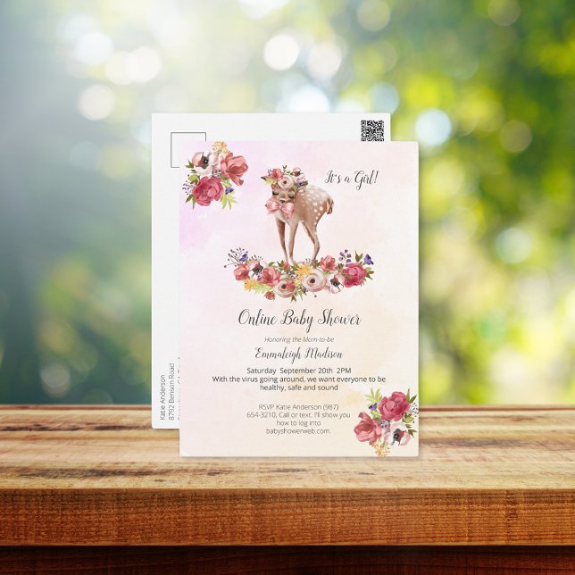 Cute Deer Online Baby Shower Boho Chic Floral Postcard (Creator Uploaded)