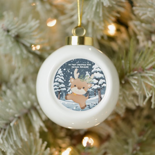 Cute Deer Personalised Baby's First Ceramic Ball Christmas Ornament (Tree)