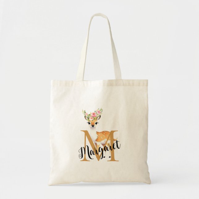 Cute Deer Pink Flower Personalised Monogram Tote Bag (Front)