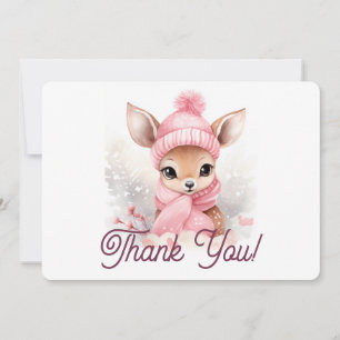 Cute Deer Pink Hat Scarf Winter Wonderland Baby Thank You Card