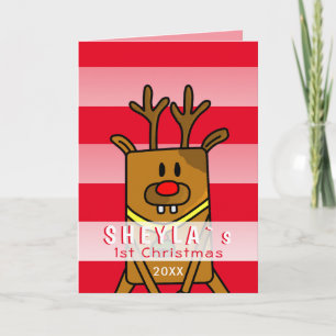 Cute Deer Pink Red Baby`s First Christmas Card