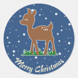 Cute Deer Puppy Vintage Blue Brown Merry Christmas Classic Round Sticker