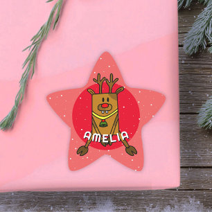 Cute Deer Red Christmas Kid`s Name Star Sticker