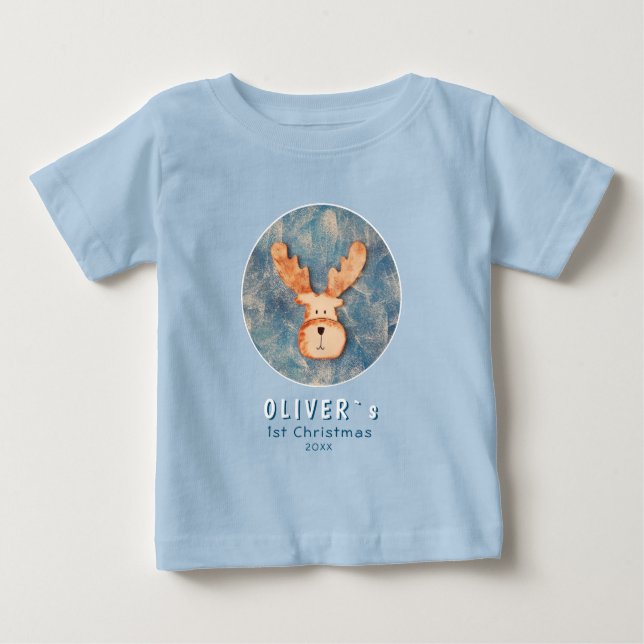 Cute Deer Reindeer Baby`s First Christmas Baby T-Shirt (Front)
