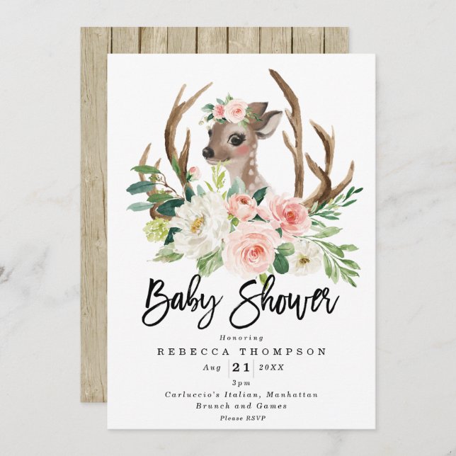 cute deer rustic floral modern baby shower invitation (Front/Back)