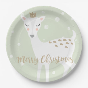 Cute Deer Sage Green Christmas Paper Plate