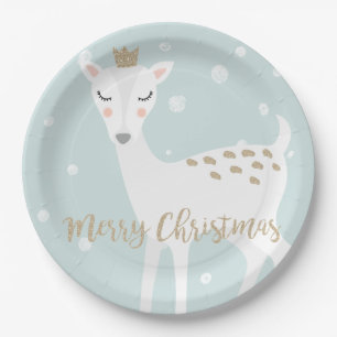 Cute Deer Soft Blue Christmas Paper Plate