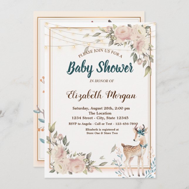 Cute Deer String Lights,Floral Baby Shower    Invitation (Front/Back)