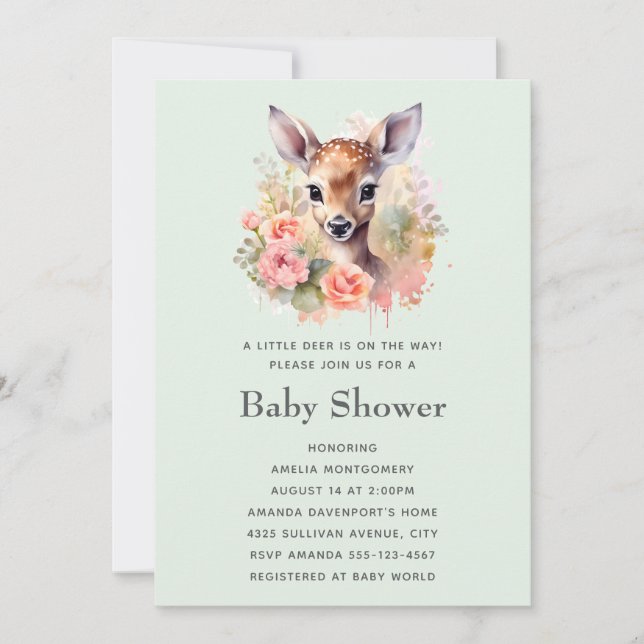 Cute Deer Surrounded By Roses Baby Shower Invitation (Front)