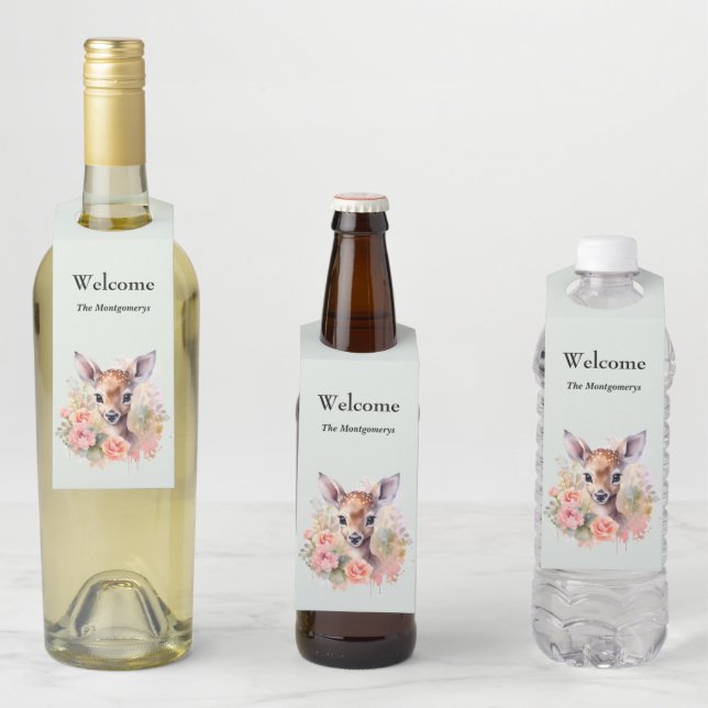 Cute Deer Surrounded By Roses Bottle Tag (In Situ)
