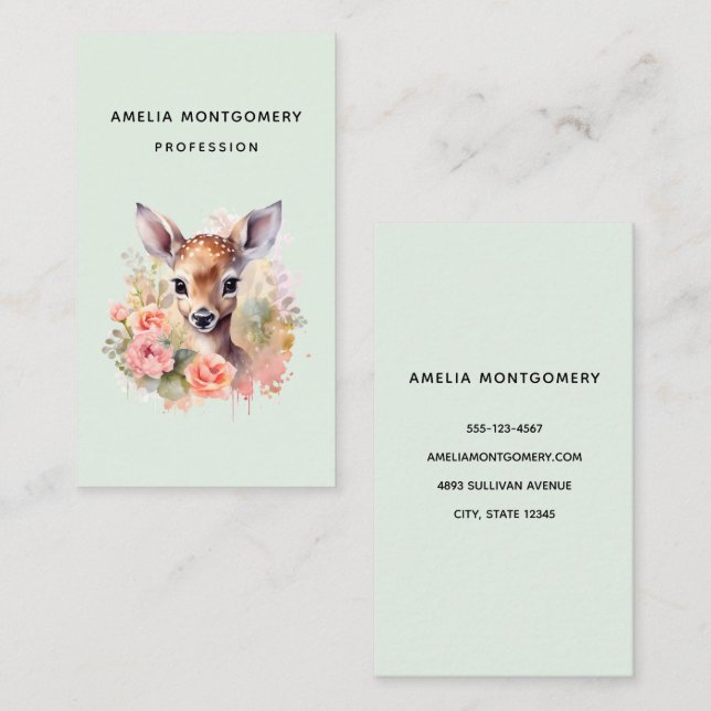 Cute Deer Surrounded By Roses Business Card (Front/Back)