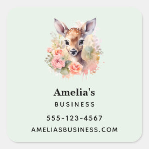 Cute Deer Surrounded By Roses Business Square Sticker