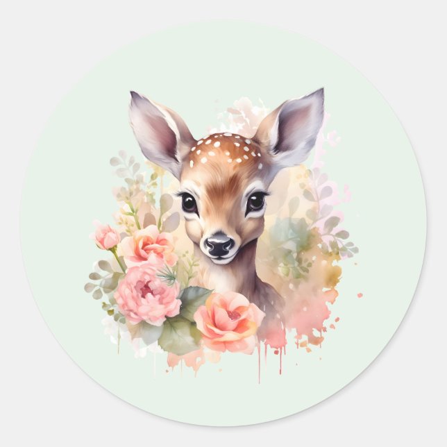 Cute Deer Surrounded By Roses Classic Round Sticker (Front)