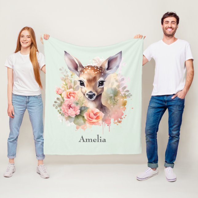 Cute Deer Surrounded By Roses Fleece Blanket (In Situ)