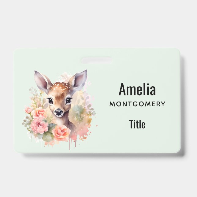Cute Deer Surrounded By Roses ID Badge (Front)
