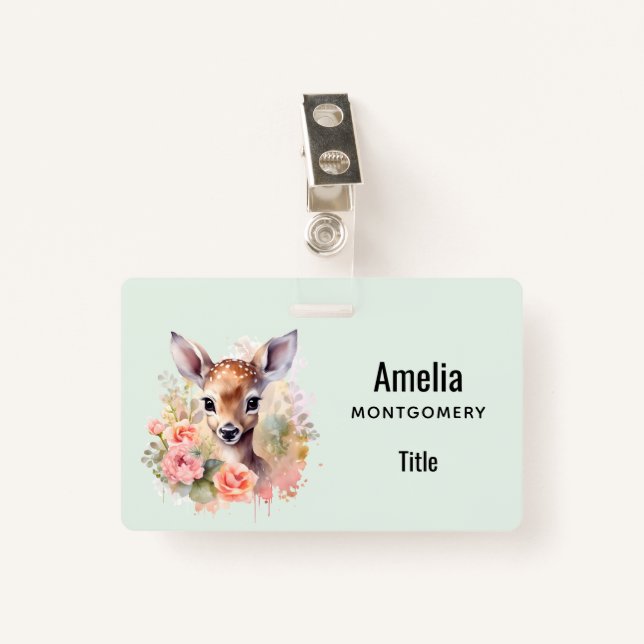 Cute Deer Surrounded By Roses ID Badge (Front with Clip)