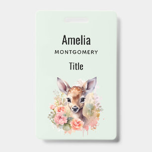 Cute Deer Surrounded By Roses ID Badge