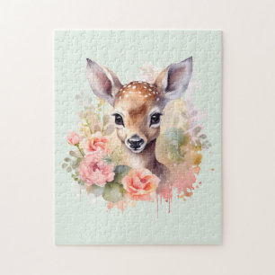 Cute Deer Surrounded By Roses Jigsaw Puzzle