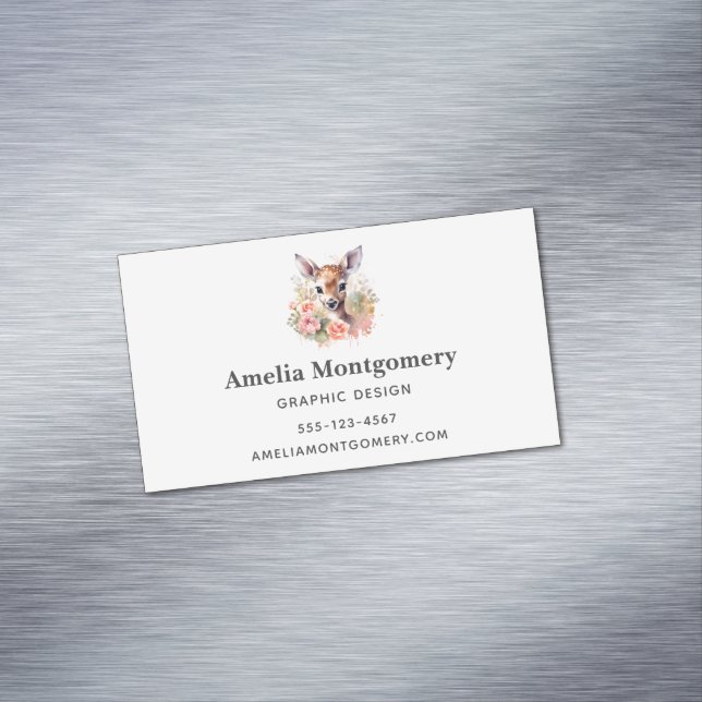 Cute Deer Surrounded By Roses Magnetic Business Card (In Situ)