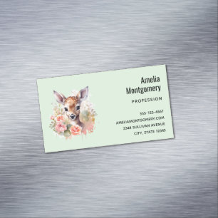 Cute Deer Surrounded By Roses Magnetic Business Card