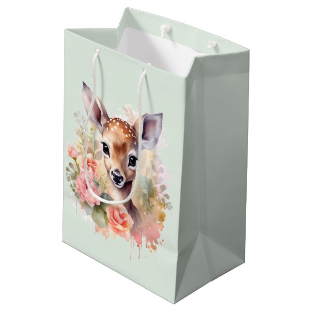 Cute Deer Surrounded By Roses Medium Gift Bag (Back Angled)