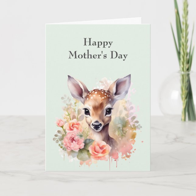 Cute Deer Surrounded By Roses Mother's Day Card (Front)