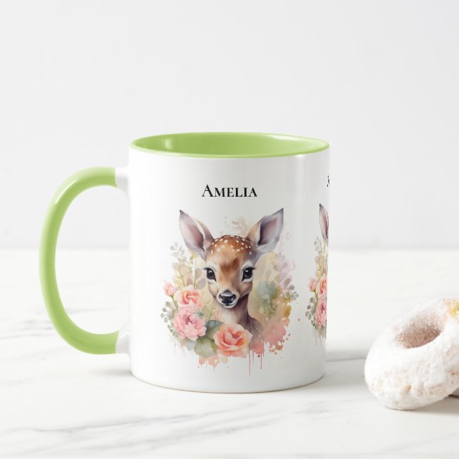 Cute Deer Surrounded By Roses Mug (With Donut)