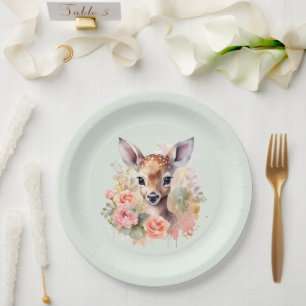 Cute Deer Surrounded By Roses Paper Plate
