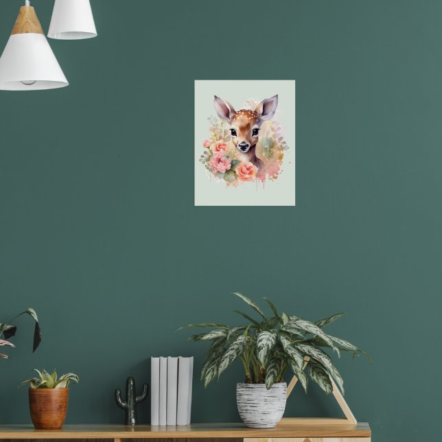 Cute Deer Surrounded By Roses Poster (Living Room 1)