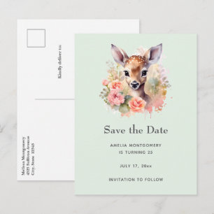 Cute Deer Surrounded By Roses Save the Date Announcement Postcard