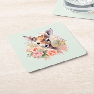 Cute Deer Surrounded By Roses Square Paper Coaster