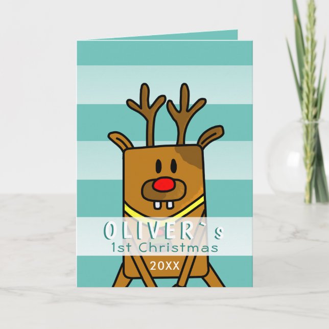 Cute Deer Turquoise Baby`s First Christmas Card (Front)