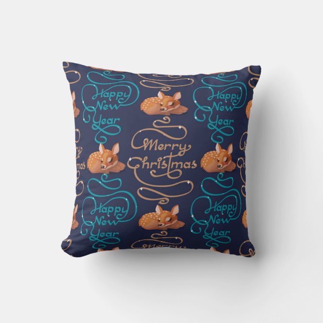 Cute Deer Typography New Year Merry Christmas Cushion (Front)
