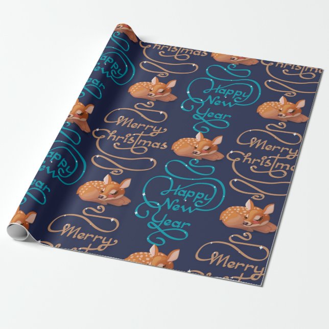 Cute Deer Typography New Year Merry Christmas Wrapping Paper (Unrolled)