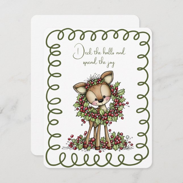 Cute Deer Wearing a Christmas Wreath Green and Red Holiday Card (Front/Back)