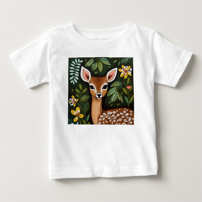 Cute Deer with Leaves and Flowers Baby T-Shirt (Front)