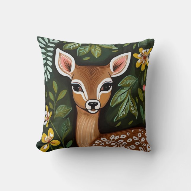 Cute Deer with Leaves and Flowers Cushion (Front)
