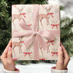 Cute Deer with Red Bow Neutral Christmas  Wrapping Paper