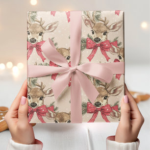 Cute Deer with Red Bow Neutral Christmas  Wrapping Paper