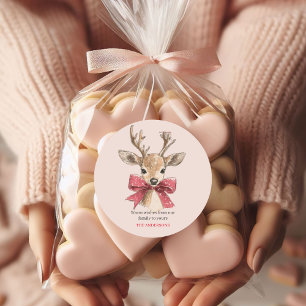 Cute Deer with Red Bow   Pink  Christmas  Classic Round Sticker