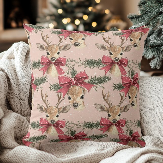 Cute Deer with Red Bow | Pink Christmas  Cushion (Creator Uploaded)